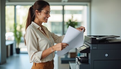 Happy businesswoman takes papers from office printer. Smiling female employee works with modern printer copier in office. Woman in blouse at workplace smiles. Documents printing.
