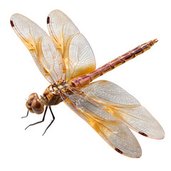 Dragonfly with spread wings gliding sideways, clear wing veins and metallic body color, sharp shadows under transparent parts, 8K macro photoreal PNG for stock