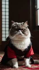 Samurai Cat Portrait in Armor and Red Cape