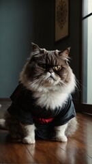 Samurai Cat Portrait in Armor and Red Cape
