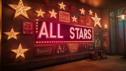 Retro wall with neon "ALL STARS" sign, star decorations, and vintage posters