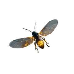 Firefly glowing at night, wings slightly spread with warm yellow glow from abdomen, soft dark shadow beneath, clean 8K transparent PNG with minimal blur