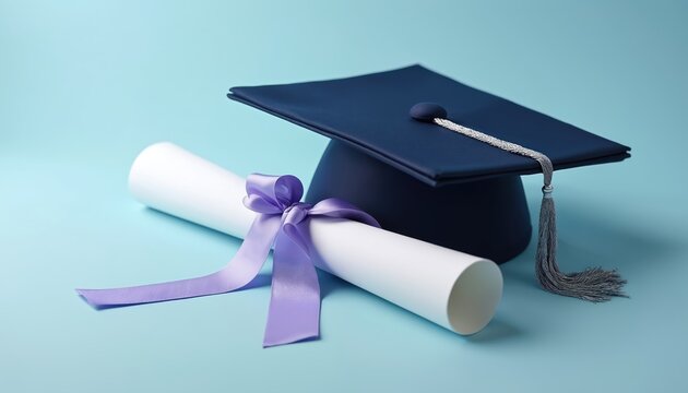 Navy graduation cap with silver tassel and diploma tied with purple ribbon against blue background. Education, achievement, success, college, university, degree, certificate. Graduation concept.