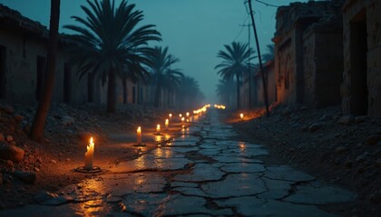 Eerie darkness cloaks ancient Egyptian street with glowing candles. Faint torchlight creates surreal atmosphere. Palm trees, old houses along cracked road. Night, mystery, biblical, exodus theme.
