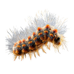 Furry caterpillar curling upward, close-up macro shot with detailed hairs and legs, side lighting enhances shape, transparent background 8K render