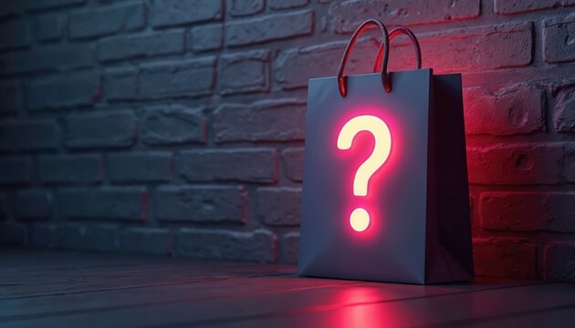 Shopping bag with neon question mark on brick wall background. Mystery concept, shopping, sales, retail. Glowing symbol, consumerism, uncertainty. Night scene, futuristic design, commercial theme. - Powered by Adobe