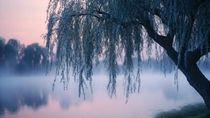 A tranquil waterscape with a weeping willow and mist at dusk.