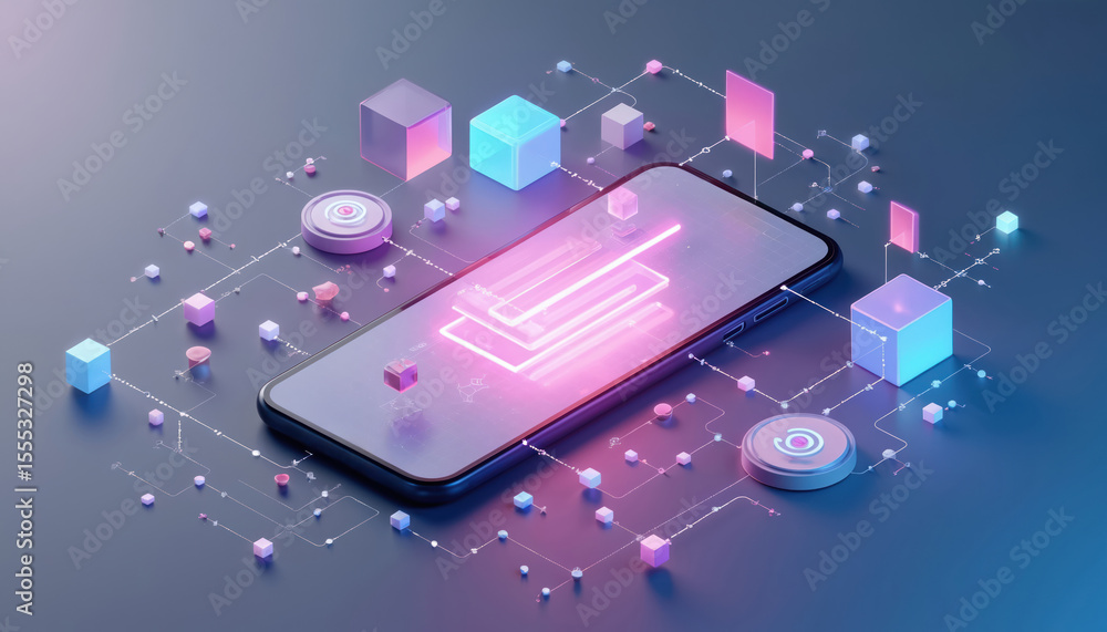 Poster isometric 3d illustration ux ui concept on mobile phone. flowchart connection with nodes application