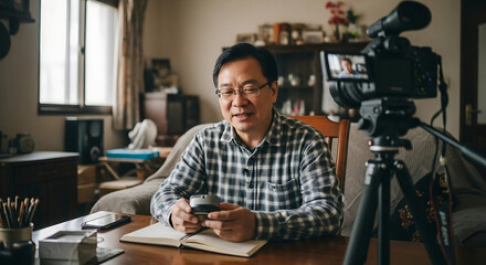 Man recording video vlog at home with camera and smartphone
