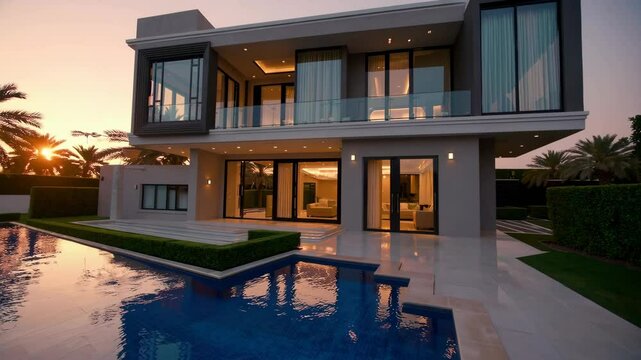 modern luxury villa with pool and garden, Dubai architecture, warm sunset tones, clean landscaping, cinematic shot