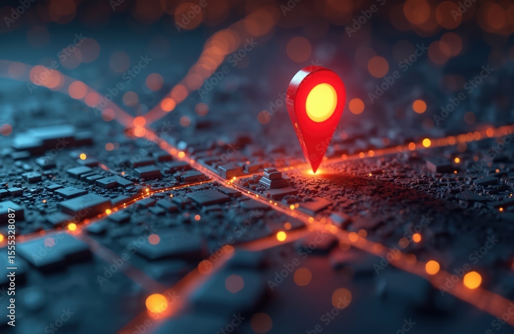 Poster red pin marks location on illuminated city map. navigation tech, gps route, destination pointer. mod