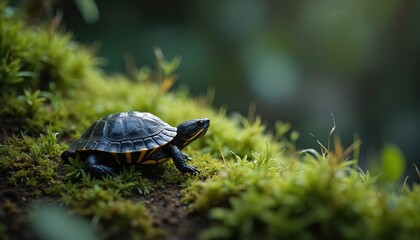 Fototapeta premium Baby turtle on green moss in nature, showing aquatic life. Turtle shell, reptile. Close up shot, vibrant colors. Environmental, conservation photo for eco-friendly projects, education.
