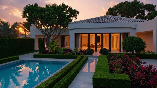 modern luxury villa with pool and garden, Dubai architecture, warm sunset tones, clean landscaping, cinematic shot