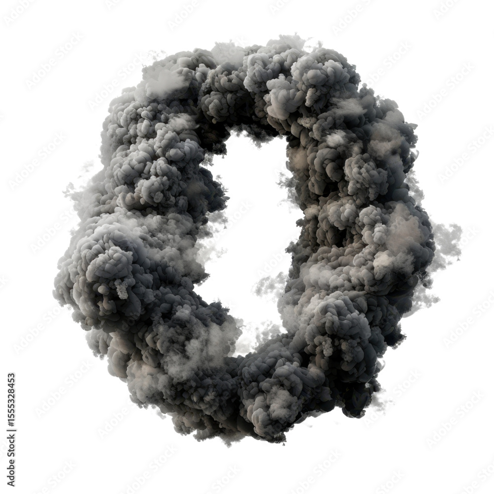 Poster swirling cloud of smoke forms circular shape, creating dramatic and intense visual effect. dark gray