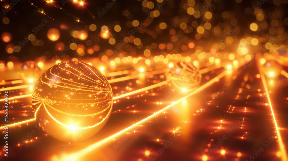 Fototapete glowing spheres and lines creating a futuristic abstract landscape with bokeh background effect