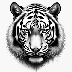 Black white detailed illustration tiger face. Artistic portrait wild cat. Intense stare, sharp details, fur, stripes. Monochrome drawing of predator. Close up, mammal, fauna, jungle, art.