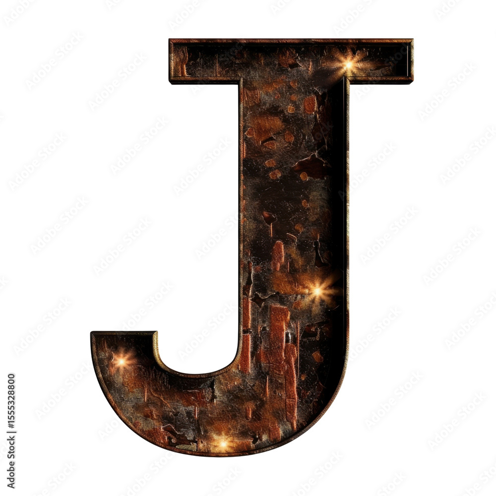 Poster rusty letter j with textured surface and glowing elements, creating unique and industrial look