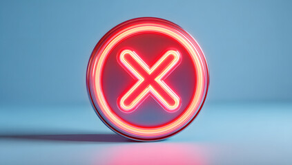 A red neon cross sign glows inside a metallic circle on a blue background