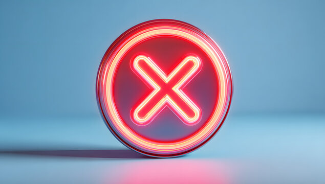 A red neon cross sign glows inside a metallic circle on a blue background - Powered by Adobe