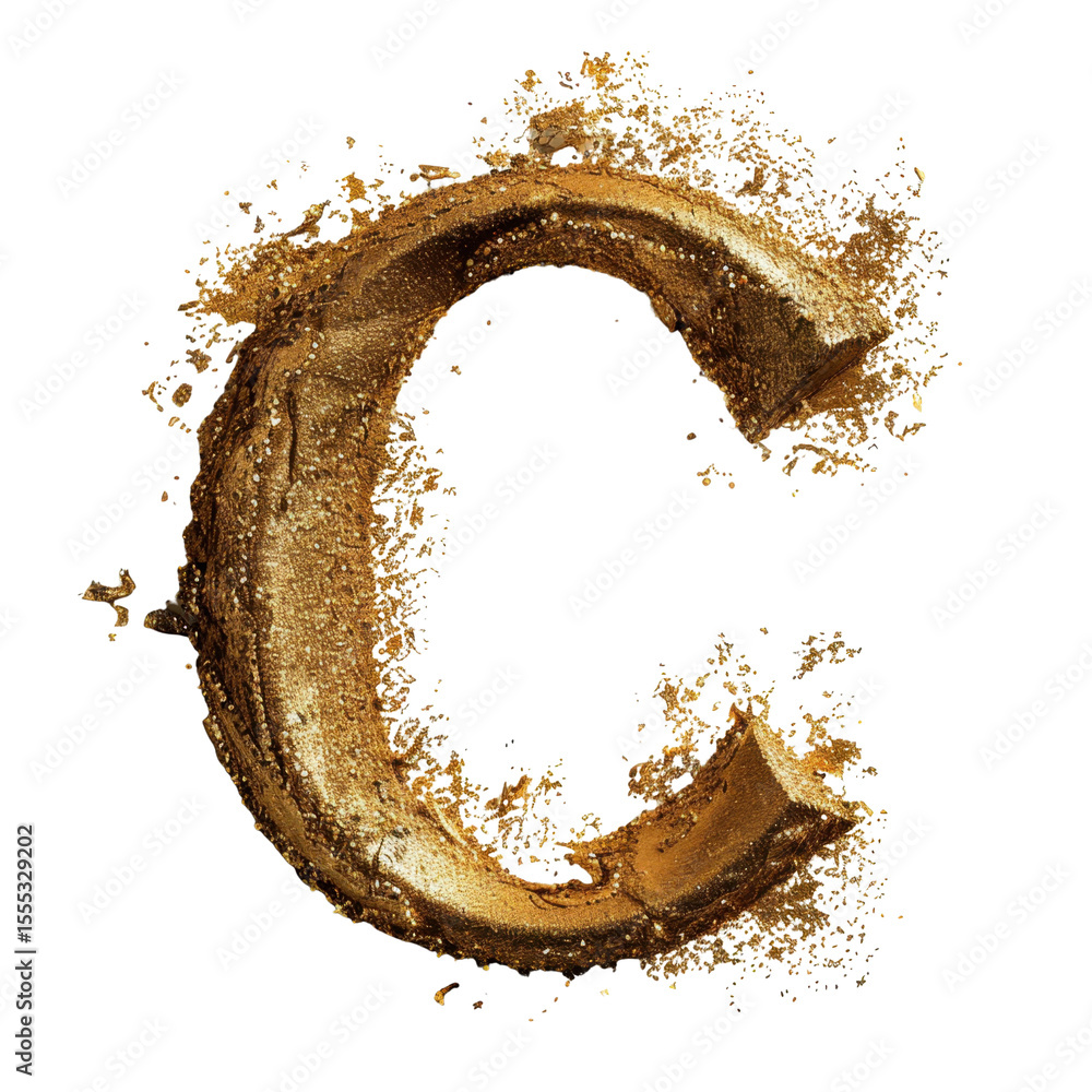 Poster golden letter c with textured finish, surrounded by sparkling particles, creating luxurious and eleg