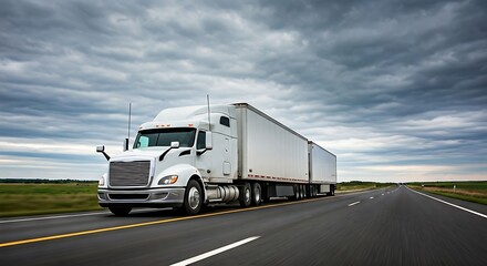 White semi-truck speeding down a rural highway under a dramatic cloudy sky conveying the efficiency of modern transportation.