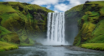 Fototapeta premium Majestic Skgafoss Waterfall Cascading into River with Lush Green Mossy Cliffs in Iceland