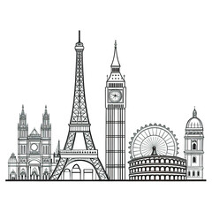 Fototapeta premium Black and White Line Art Skyline of European Cities - Travel Landmark Illustration