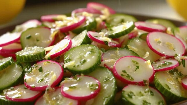 Appetizing vegetable side dish, garnished with fresh cucumber and radish slices in a salad dressing. Perfect for healthy eating or as a refreshing accompaniment to main courses.