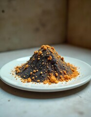 A thin coating of white diatomaceous earth over a mound of dark volcanic ash on a white enamel plate, photographed on a white concrete surface in a natural history museum.