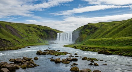 Majestic Icelandic Waterfall Cascading into a Rocky River Amidst Lush Green Hills