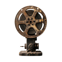 Obraz premium Vintage film projector with worn, rustic design, showcasing its intricate reel and mechanical components, evoking nostalgia for classic cinema