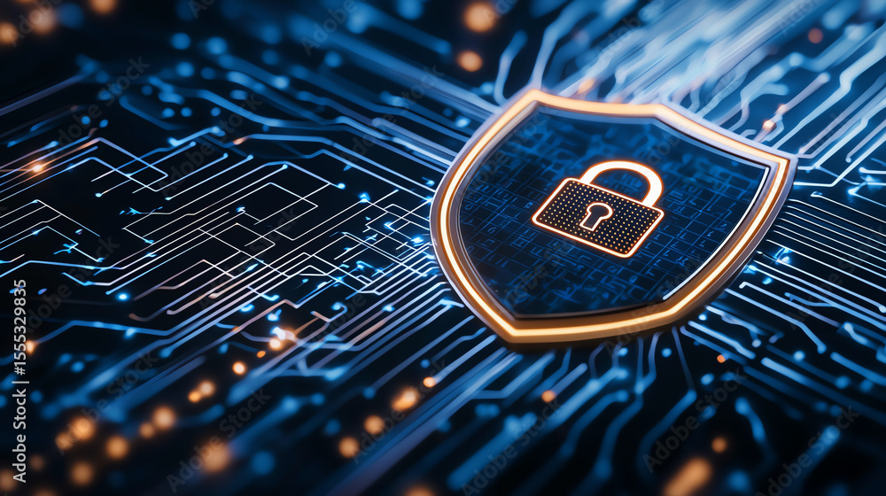 Aufkleber digital illustration of shield featuring padlock, symbolizing cybersecurity and protection. backgrou