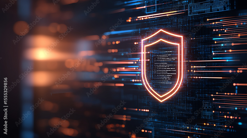 Poster digital shield icon glowing on futuristic background with lines and circuits, representing cybersecu