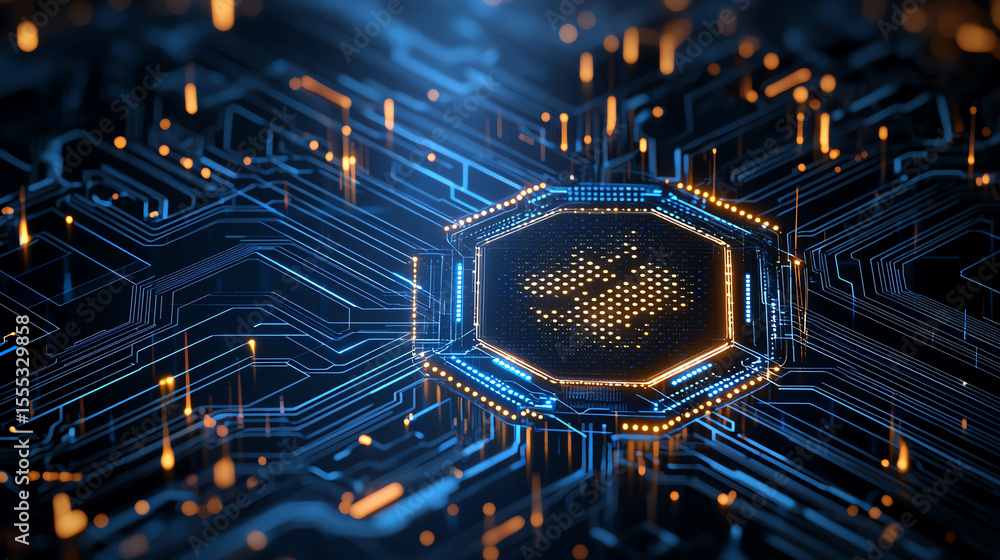 Poster digital shield design featuring intricate circuit patterns and glowing elements, symbolizing advance