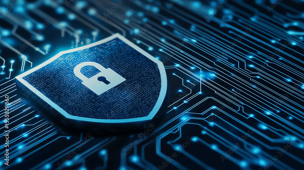 Poster digital shield featuring padlock icon symbolizes cybersecurity and protection against online threats