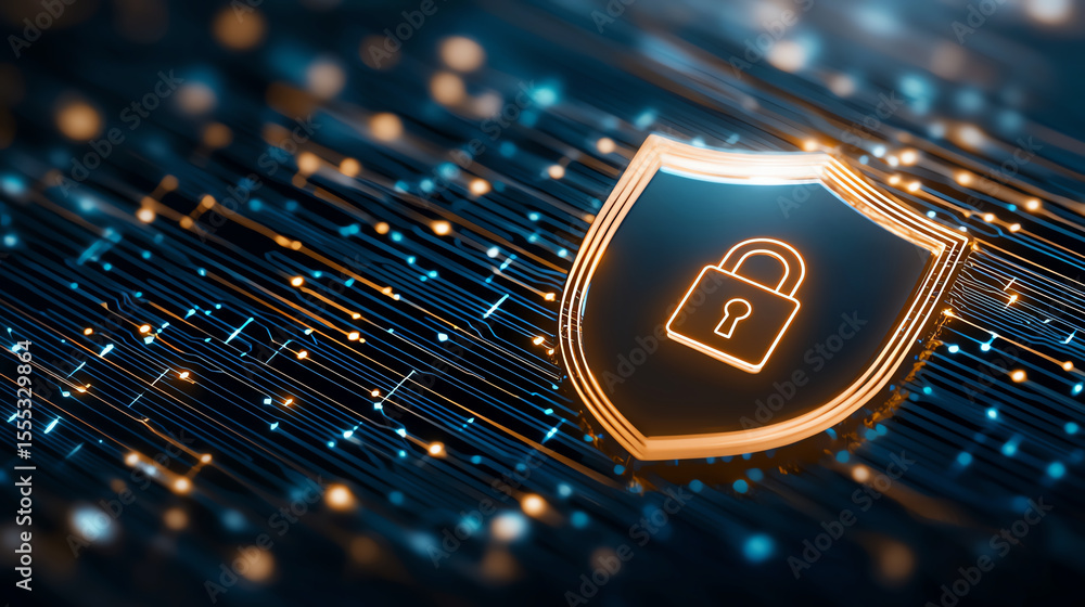 Poster digital shield with padlock icon symbolizes security and protection in technological environment. gl