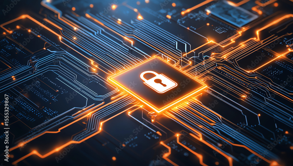Poster digital illustration of secure ai system featuring central lock symbol surrounded by intricate circu