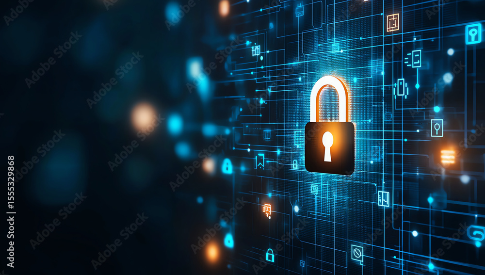 Poster digital security concept featuring glowing padlock symbol surrounded by interconnected data lines an