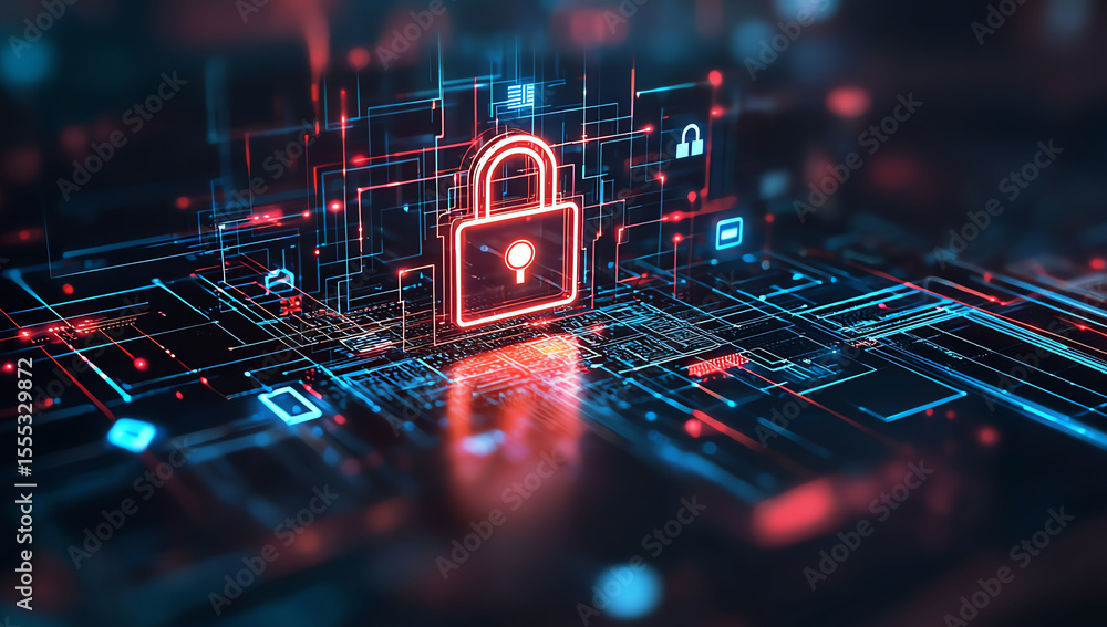 Poster digital security concept featuring glowing padlock symbol amidst network of interconnected data line
