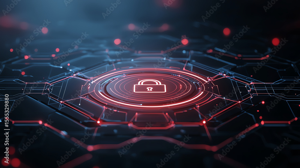 Poster digital illustration of padlock icon set within hexagonal network, symbolizing security and protecti