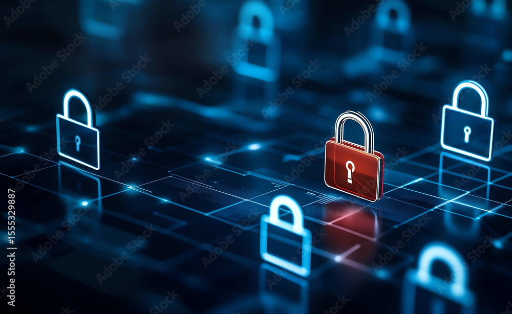 Poster secure digital padlocks represent cybersecurity and data protection in modern, technological environ