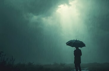 Person with umbrella stands during rain, dramatic sky. Stormy clouds, light breaks through symbol hope, resilience. Moody weather background, dark artistic photo. Represents overcoming difficulties.