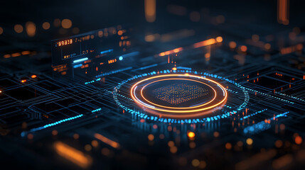 Digital shield icon is depicted in futuristic circuit board design, showcasing vibrant blue and orange lights. intricate details evoke sense of advanced technology and security