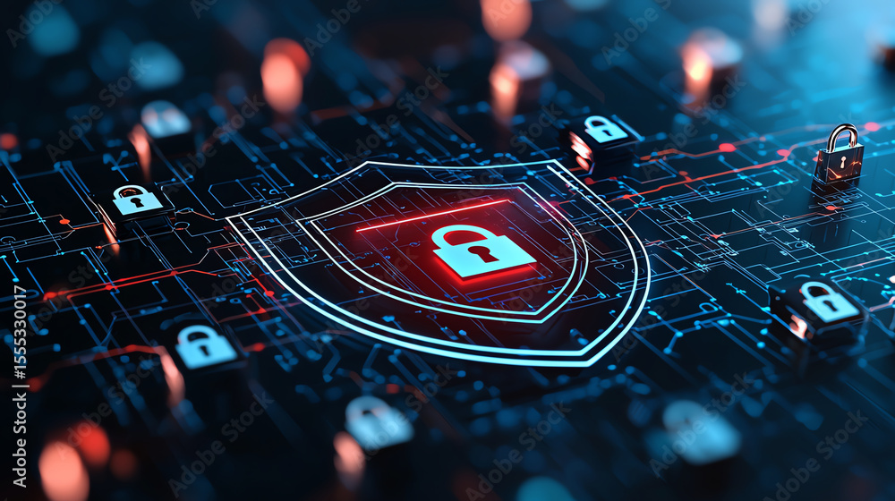 Poster digital security shield icon surrounded by padlocks and circuit patterns, representing cybersecurity