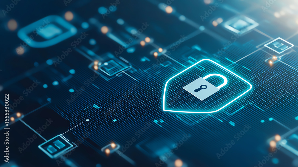 Poster digital security shield with padlock symbol represents cybersecurity and data protection. image conv