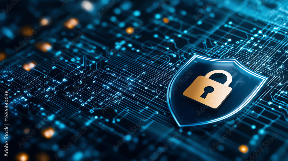 Poster digital security shield with padlock symbol on circuit board background, representing cybersecurity 