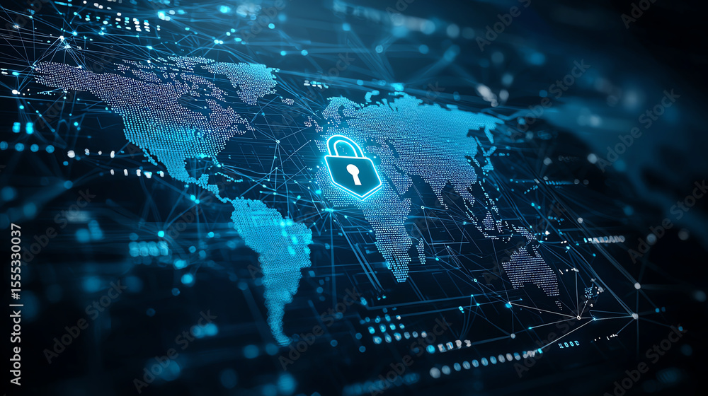 Poster digital world map featuring prominent padlock symbol, representing cybersecurity and data protection
