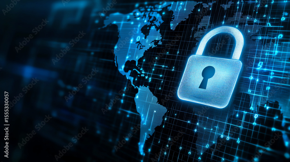 Aufkleber digital world map with glowing padlock symbolizing cybersecurity and data protection. image conveys 