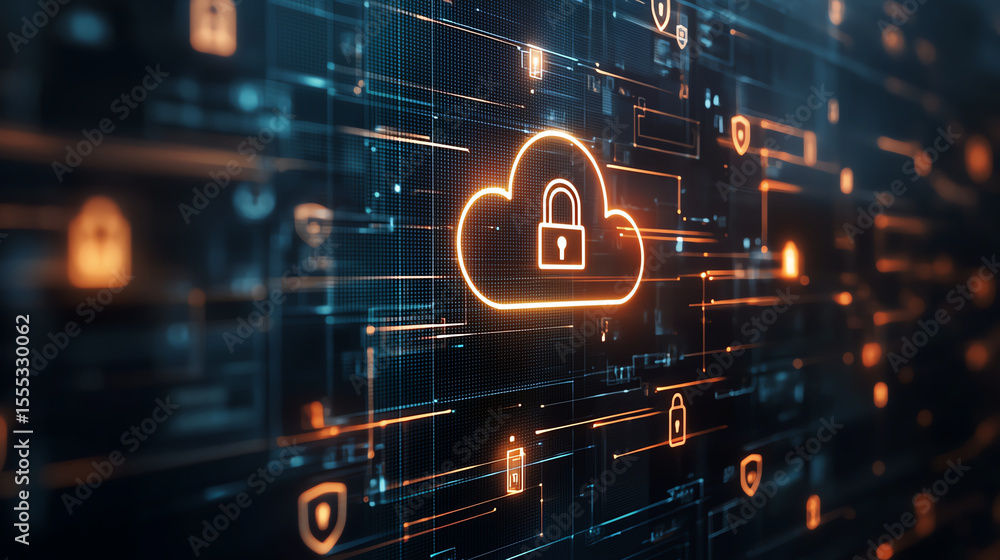 Poster glowing cloud with padlock icon symbolizes digital security and data protection in networked environ