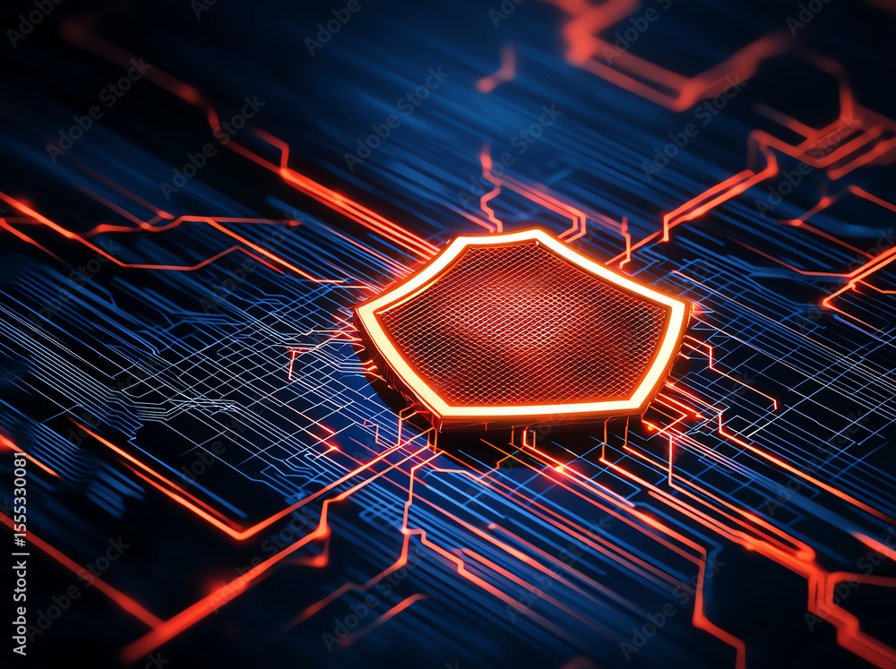 Poster glowing security shield icon is depicted on digital circuit background, symbolizing protection and t